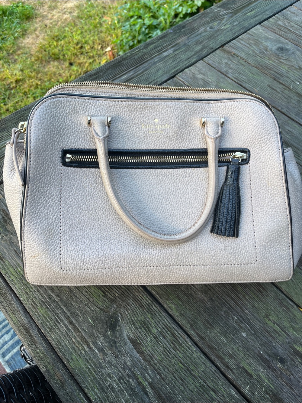 kate spade Pebbled Leather Satchel in Light Taupe with Black Trim